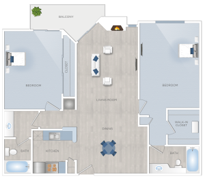A floor plan of a two bedroom apartment available for rent in Hancock Park, featuring spacious living areas and modern amenities. Ideal for those seeking apartments in the vibrant Hancock Park neighborhood.