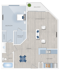 A floor plan of a two bedroom apartment for rent in Hancock Park.