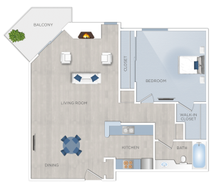 A floor plan of a two bedroom apartment for rent in Hancock Park.