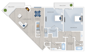 A floor plan of a two bedroom apartment in Hancock Park.