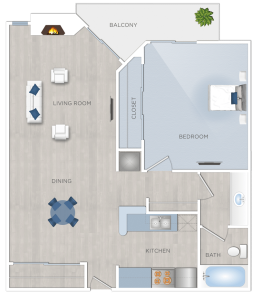 A floor plan of a two bedroom apartment in Hancock Park.