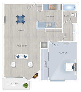 A floor plan of a two bedroom apartment located in Hancock Park.