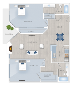 A floor plan of two bedroom apartments for rent in Hancock Park.