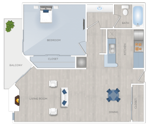 Explore a spacious floor plan of a two bedroom apartment in Hancock Park - available for rent now!